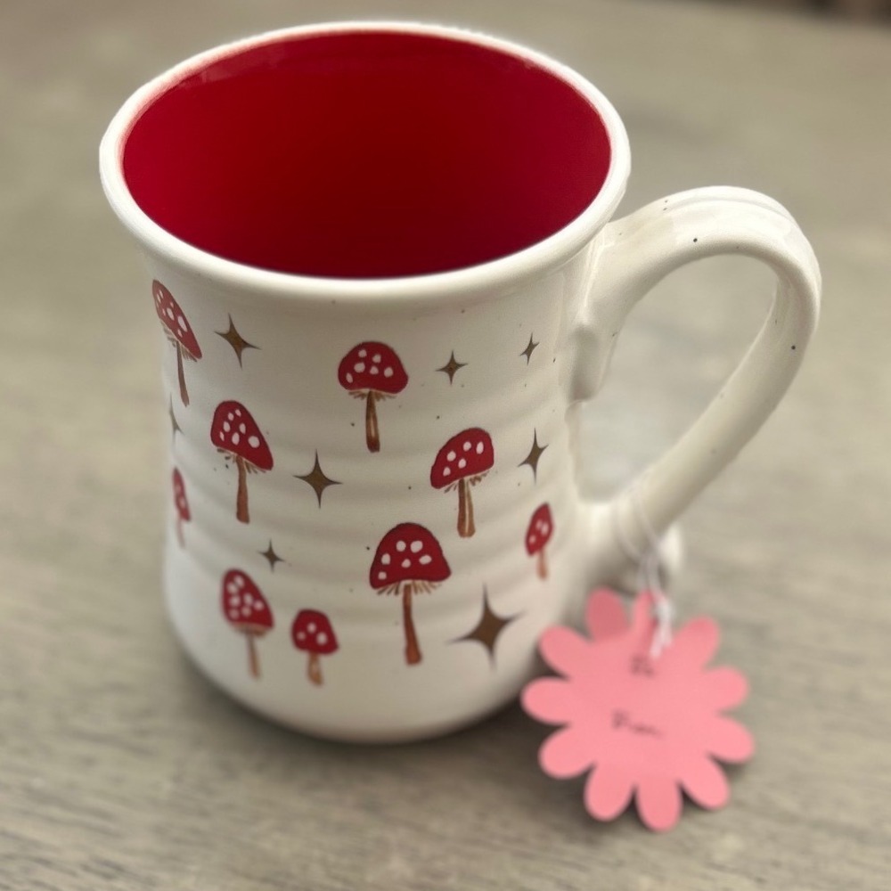 Seeds & Sunshine Mushroom Ceramic Coffee Mug Red Toadstool Cottagecore NEW
